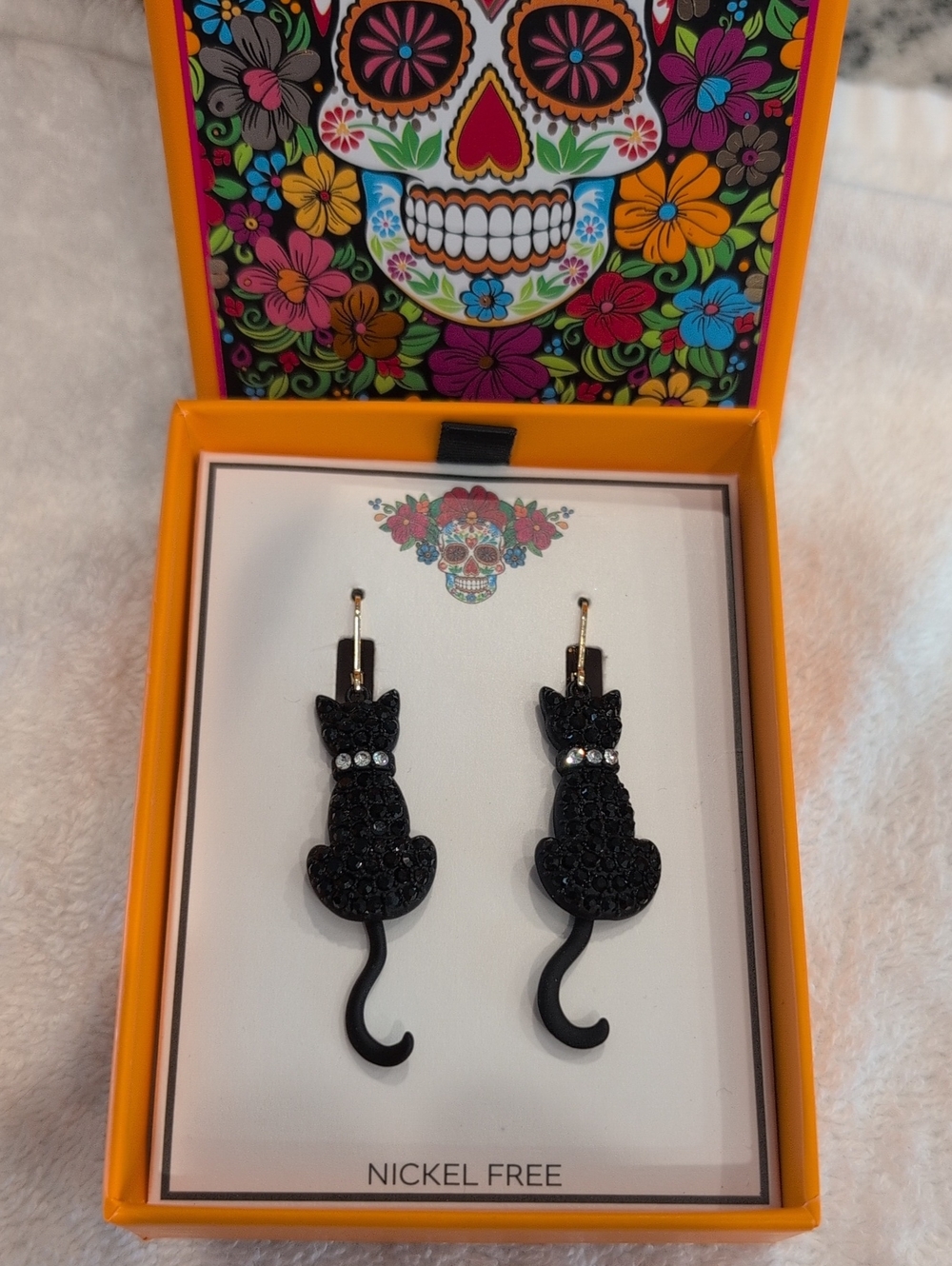 Halloween Black Cat Crystals Drop Earrings - Dangly Tail - Nickel Free